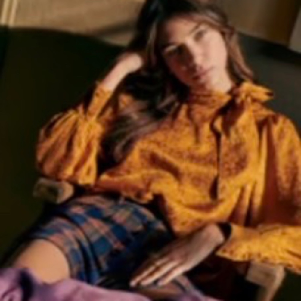 Sezane Mustard Yellow Printed Bow Tie Blouse
